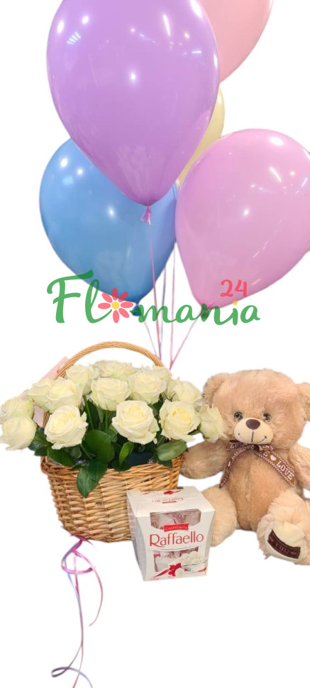 Подарочный набор мишка, корзина роз, Raffaello, 5 шариков